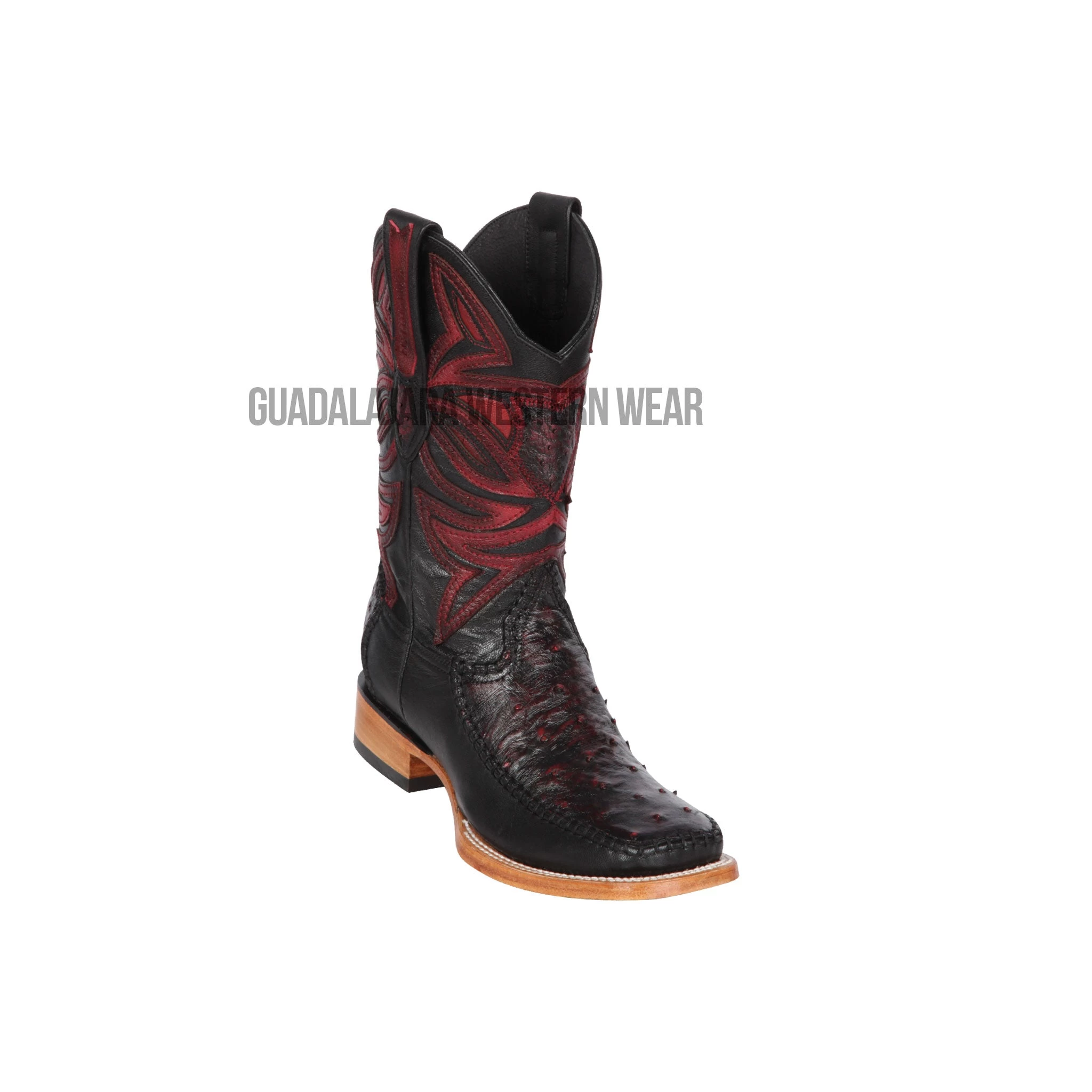 Los Altos Black Cherry Ostrich & Deer Wide Square Toe Cowboy Boots 3 Los Altos Black Cherry Ostrich & Deer Wide Square Toe Cowboy Boots