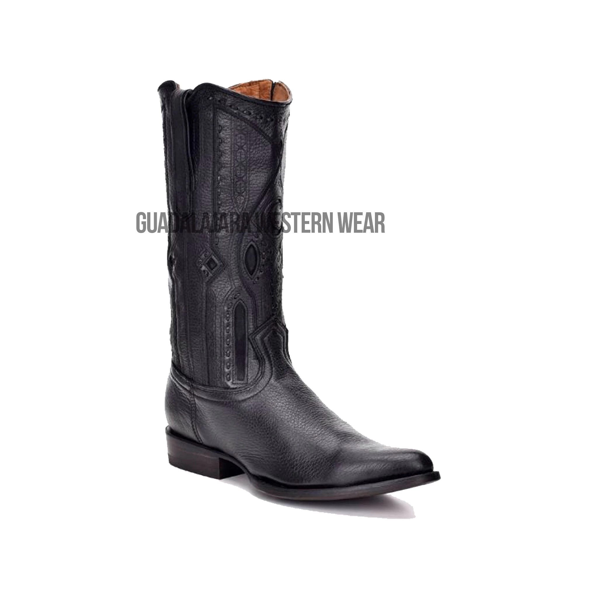 Cuadra Black Deer With Side Zipper Semi Oval Toe Cowboy Boots 3 Cuadra Black Deer With Side Zipper Semi Oval Toe Cowboy Boots