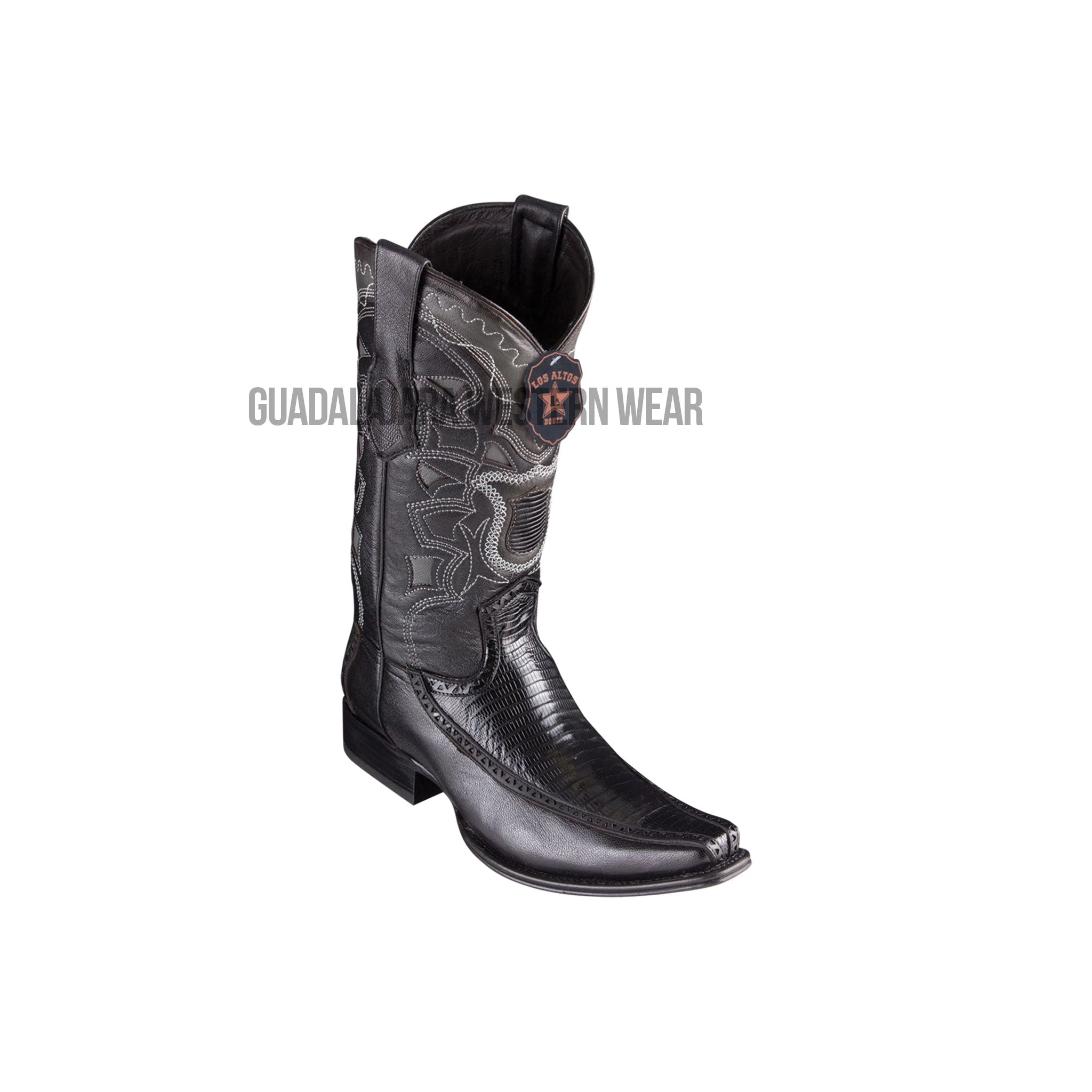 Los Altos Black Teju & Deer European Square Toe Cowboy Boots 3 Los Altos Black Teju & Deer European Square Toe Cowboy Boots
