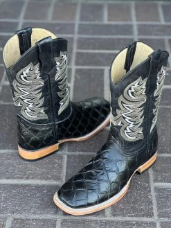 Pirarrucu Print Black Wide Square Toe Cowboy Boots