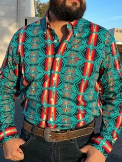 Rock And Roll Teal Aztec Button Down Long Sleeve Shirt