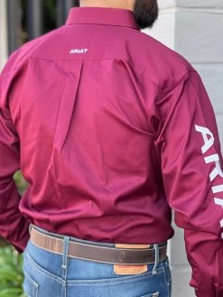 Ariat Team Logo Burgundy/White Fitted Long Sleeve Shirt -Guadalajara Western Wear IMG 1305