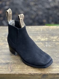 White Diamond Kid Square Toe Suede Black Ankle Boot