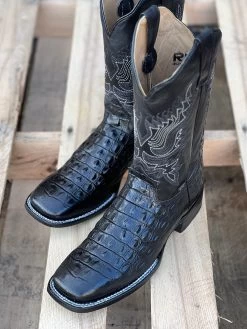 Reyme Black Caiman Print Leather Sole Wide Square Toe Cowboy Boot