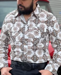 Camisa Vaquera Azteca Para Caballero (Blanca/Cafe)