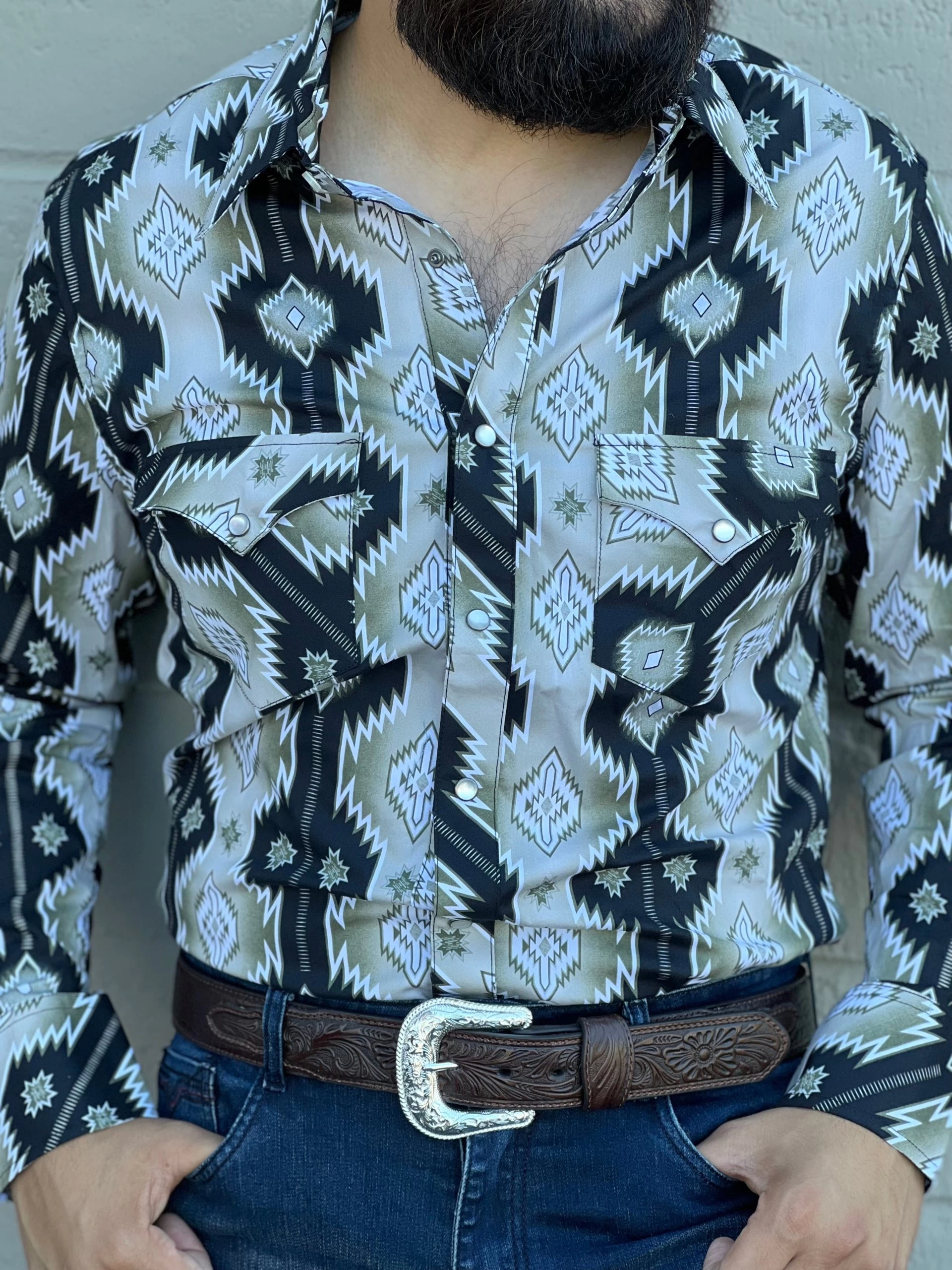 Rock And Roll Olive Aztec Snap Long Sleeve Shirt 3 Rock And Roll Olive Aztec Snap Long Sleeve Shirt