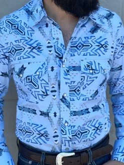 Rock And Roll Blue Aztec Print Snap Long Sleeve Shirt