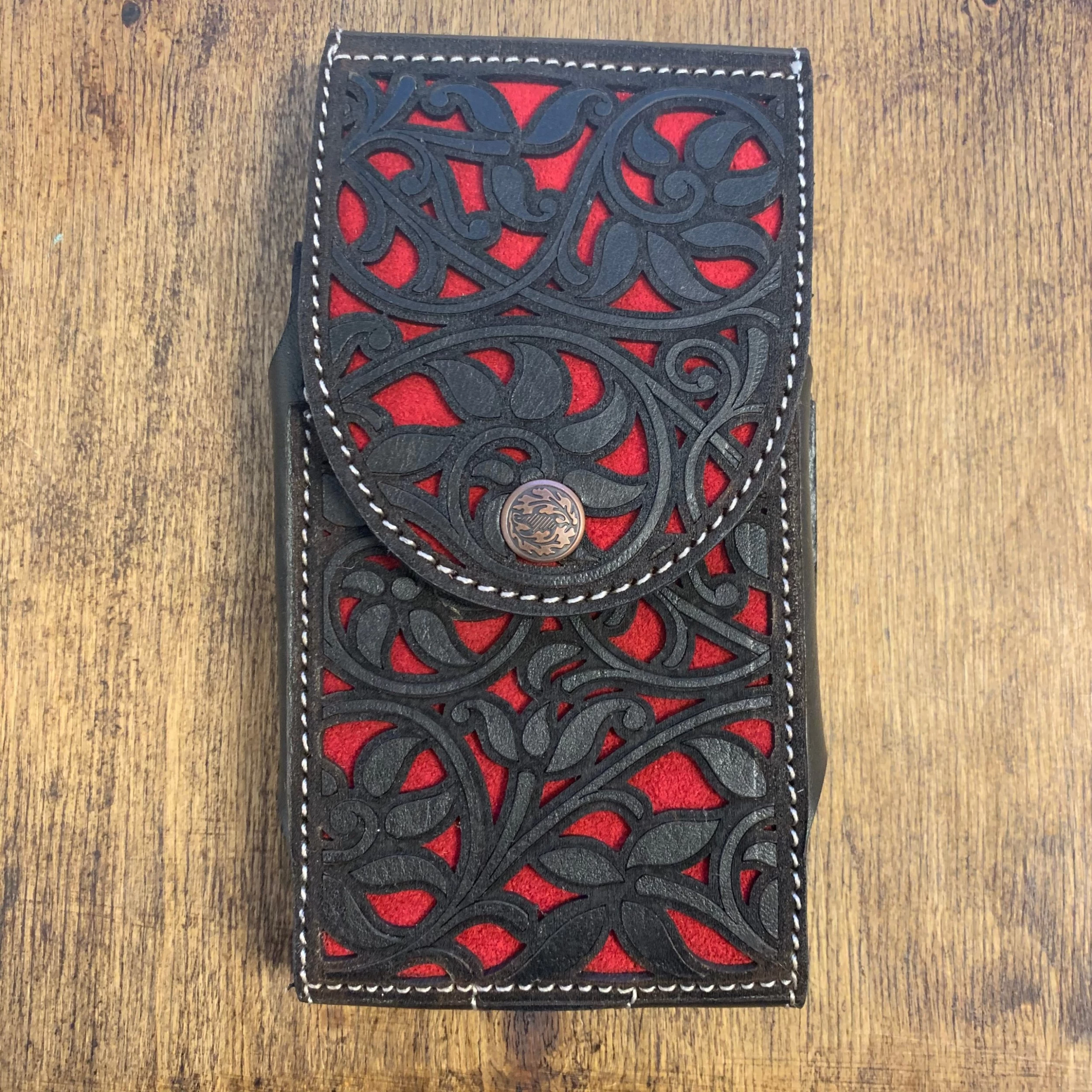 Leather Tooled Black / Red Cell Phone Case 3 Leather Tooled Black / Red Cell Phone Case