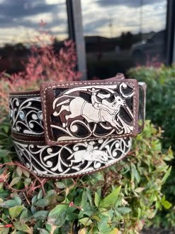 El Toro Lazer Cut Leather Belt - Cafe (Brown) / Blanco (White)