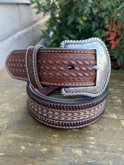 Nocona Western Belt Mens Braided Inlay Basketweave Tooled
