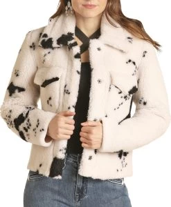 Women's Cow Print Micro Berber Jacket