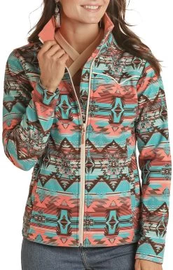 Women's Turquoise & Pink Aztec Soft-Shell Jacket- Rock&Roll Denim -Guadalajara Western Wear PRWO92RZY5Z 00319