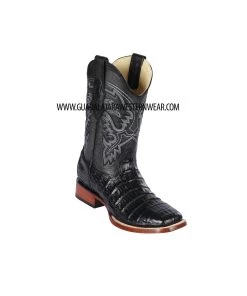 Los Altos Black Pieced Vamp Caiman Belly Wide Square Toe Cowboy Boots